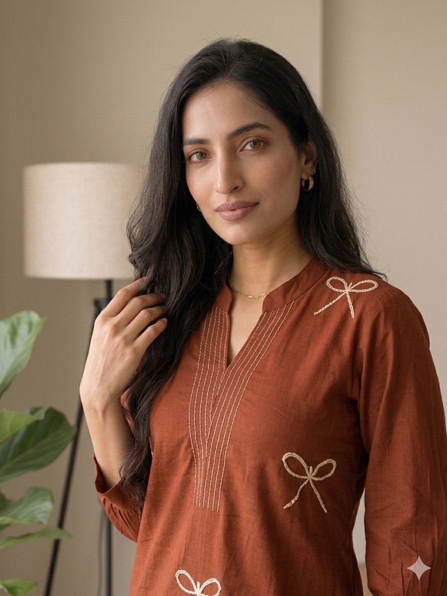 Elegant Terracotta Voile Cotton A-Line Tunic Set with Thread Work
