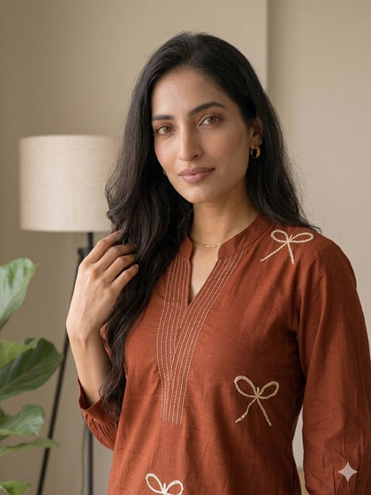 Elegant Terracotta Voile Cotton A-Line Tunic Set with Thread Work