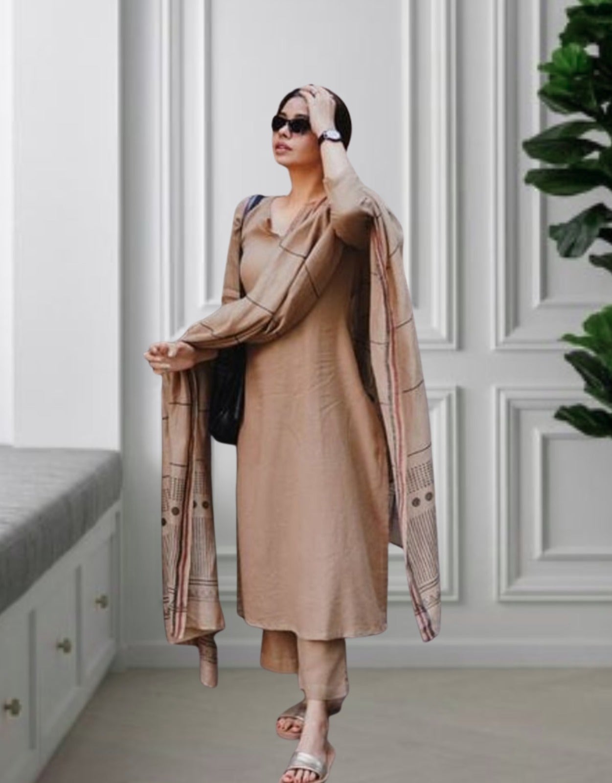 Elegant Beige Viscose Rayon Straight Kurta Pant Set with Print Dupatta