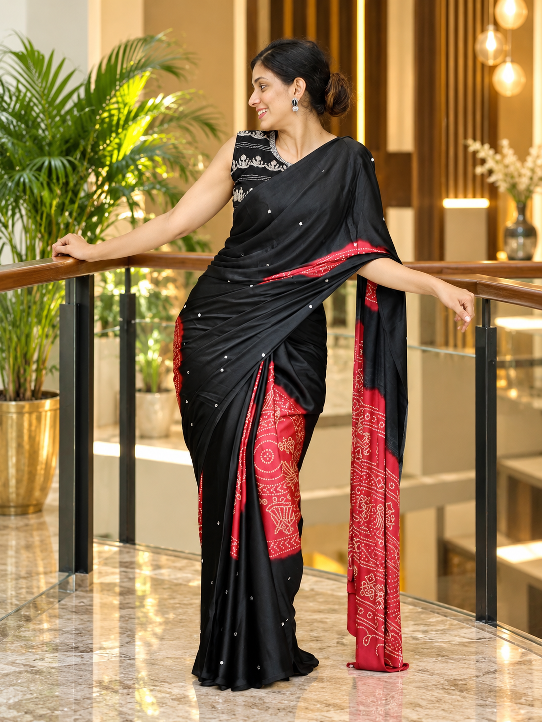 Attractive Black & Red Pure Gajji Silk Saree with Real Mirror Work