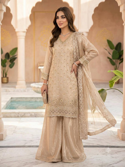 New Designer Golden Fandy Silk Embroidered Suit Set with Organza Dupatta