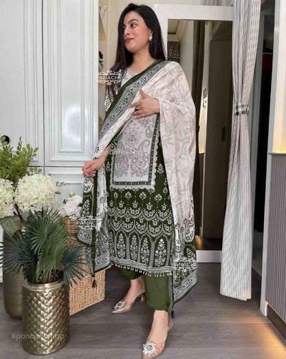 Premium Green and White Chinon Silk Salwar Suit with Premium Diamond Hand Work