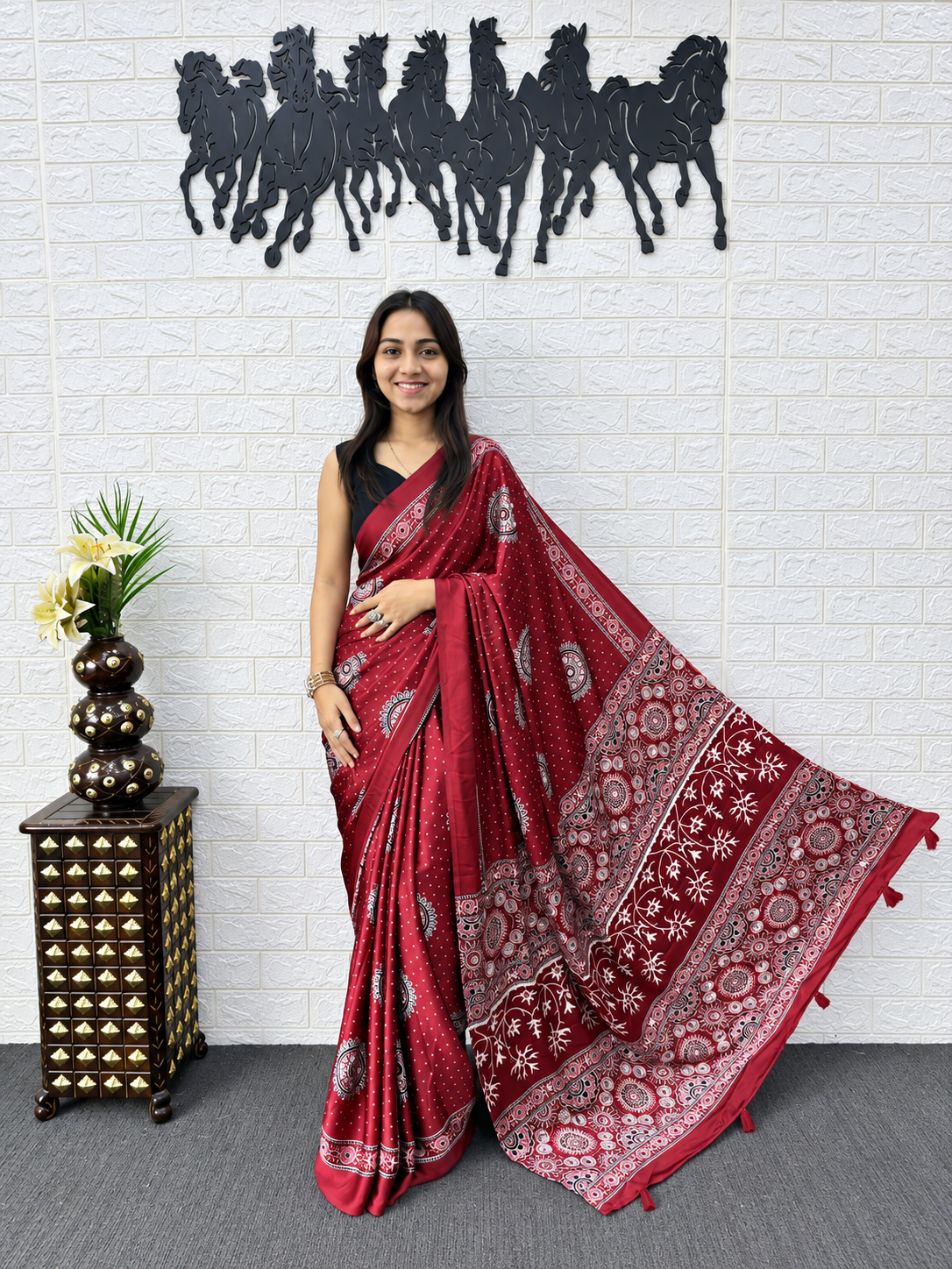 Very Beautiful Maroon Ajrakh Printed Japan Silk Saree