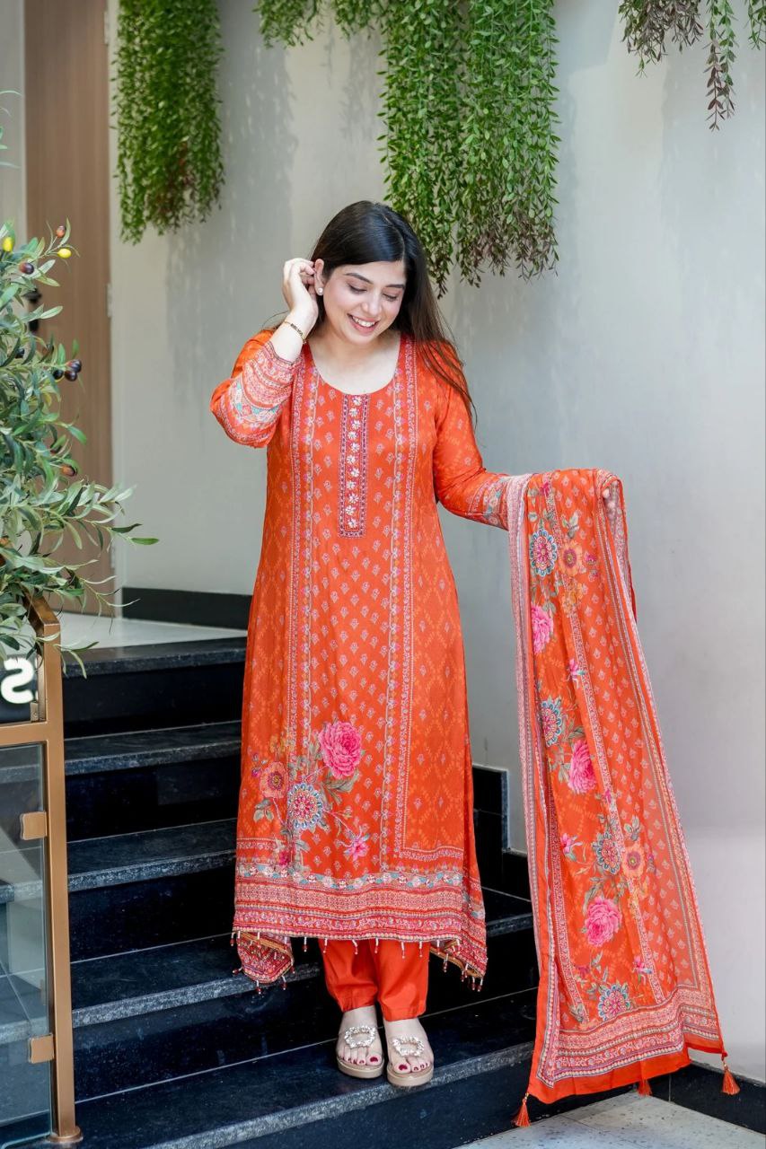 Designer Orange Chinon Silk Salwar Suit with Original Mirror Hand Work