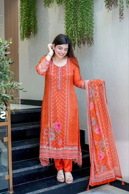 Designer Orange Chinon Silk Salwar Suit with Original Mirror Hand Work