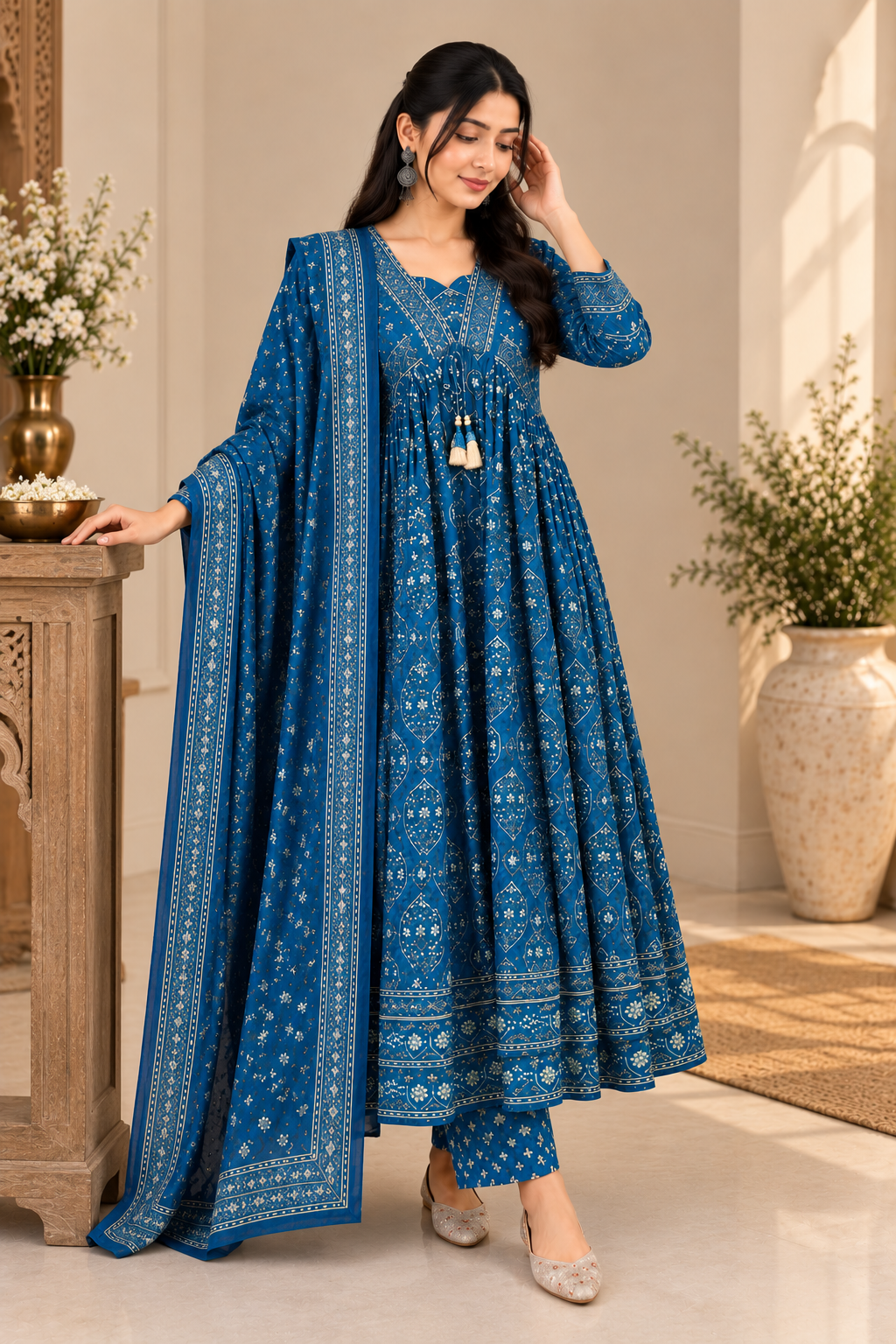 Premium Royal Blue Cotton Anarkali Suit Set