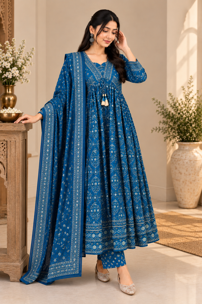 Premium Royal Blue Cotton Anarkali Suit Set