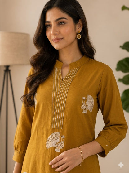 Elegant Yellow Voile Cotton A-Line Kurta Set with Peacock Thread Embroidery