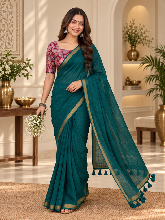 Very Beautiful Teal Green Handloom Cotton Saree With Jari Border