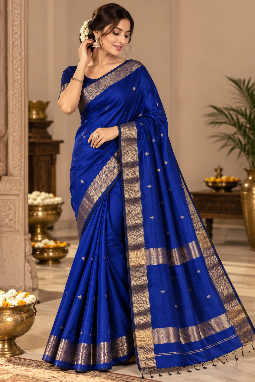 Royal Blue Handloom Maheshwari Cotton Silk Saree