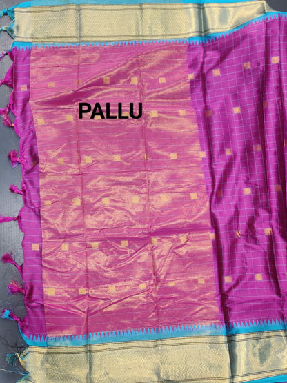 Exclusive Magenta Chex Woven Cotton Silk Saree With Gold Zari Waving Work