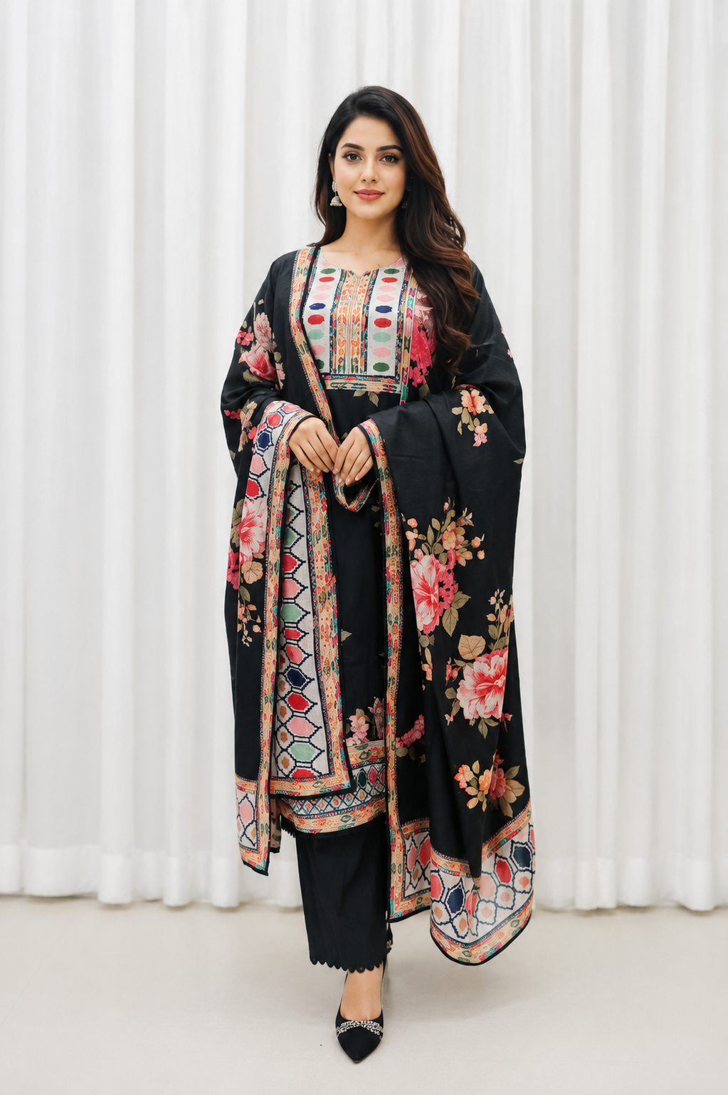 Very Attractive Floral Printed Muslin Suit Set with Sequin Embroidery Work