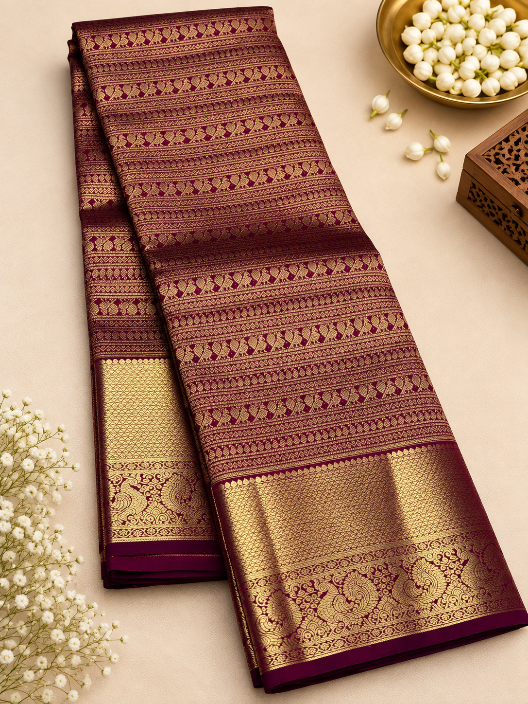 Traditional Wine Soft Banarasi Silk Saree with Pure Gold Zari Bird Motif Border