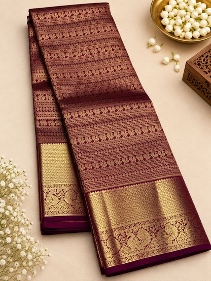 Traditional Wine Soft Banarasi Silk Saree with Pure Gold Zari Bird Motif Border