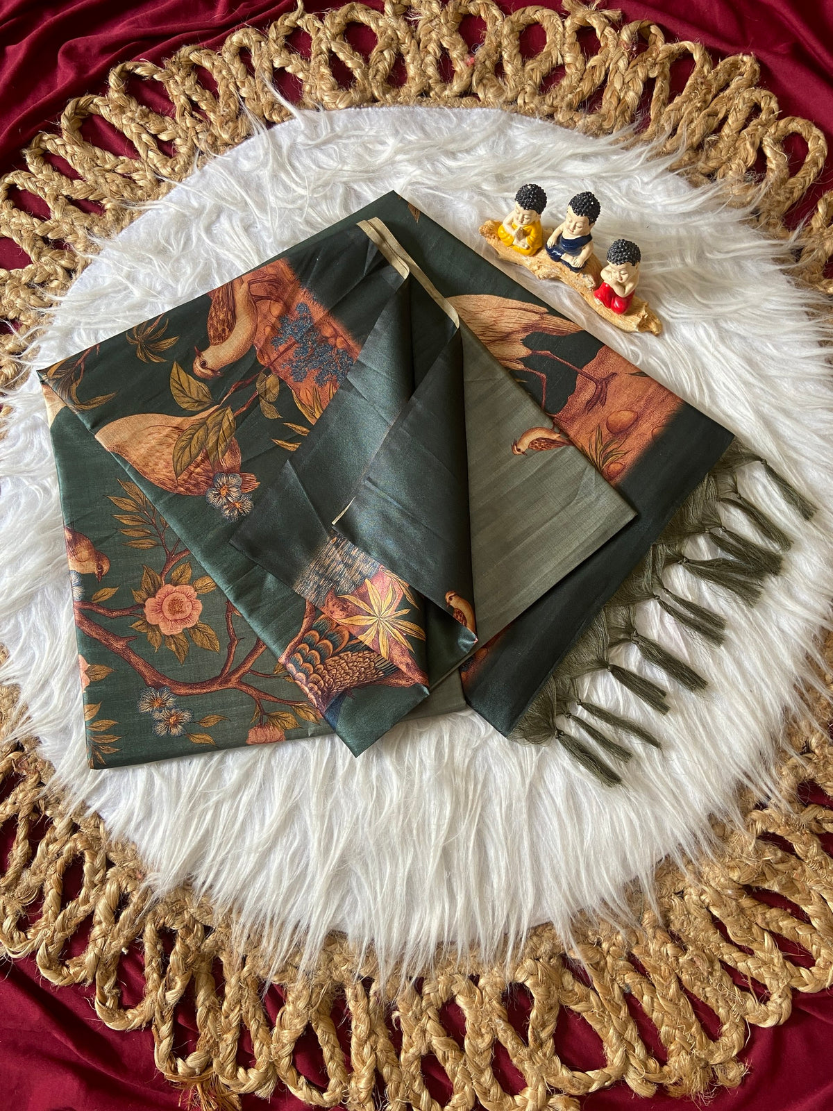 Traditional Bottle Green Crane Print Soft Tussar Silk Saree