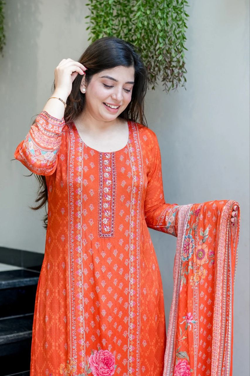 Designer Orange Chinon Silk Salwar Suit with Original Mirror Hand Work