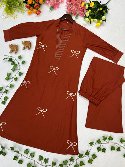 Elegant Terracotta Voile Cotton A-Line Tunic Set with Thread Work