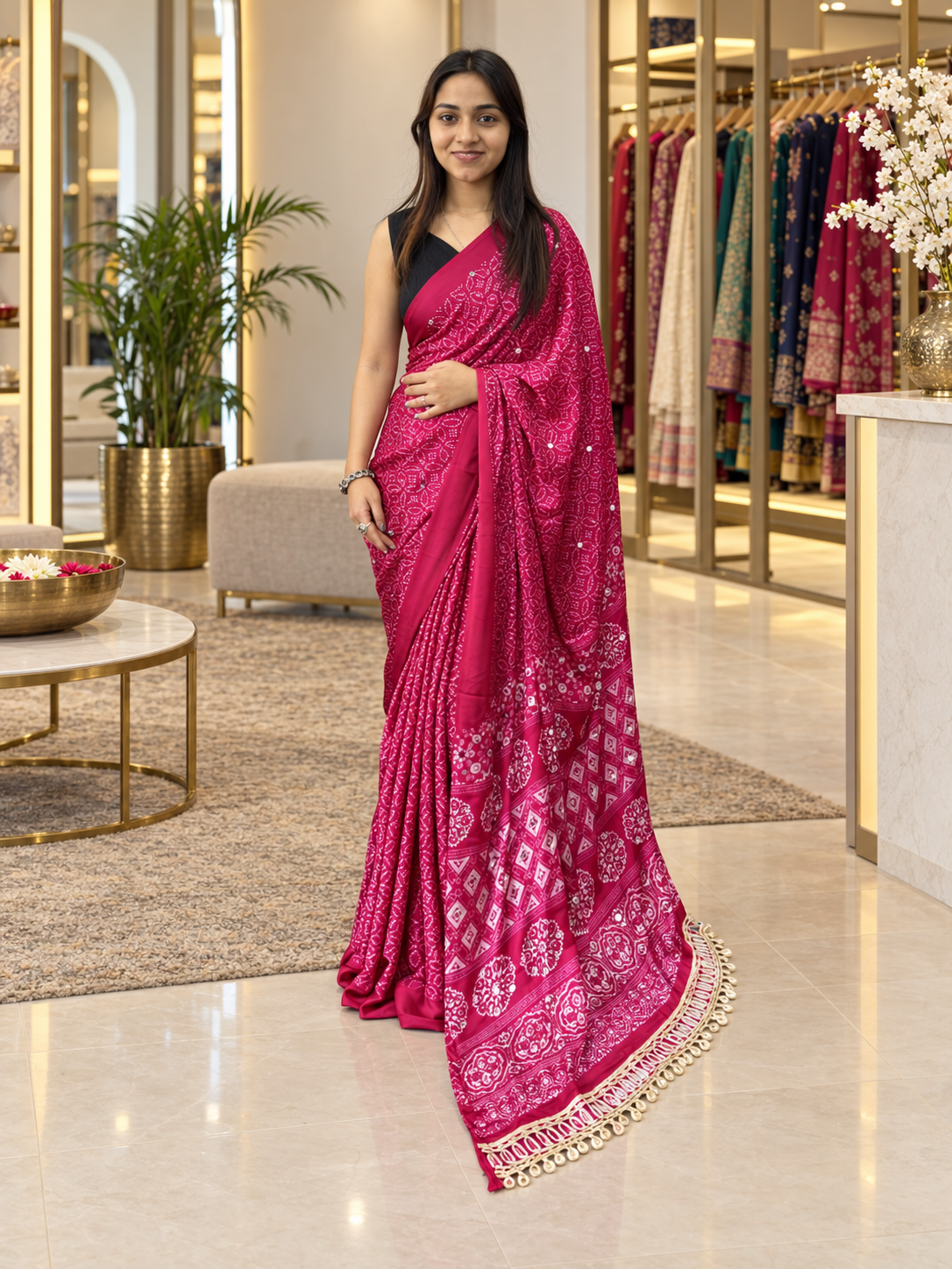 Treditional Festive Pink Gajji Silk Saree with Elegant Mirror Work & Tassels
