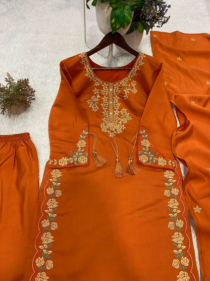 Elegant Orange Embroidered Roman Silk Suit Set with Dupatta