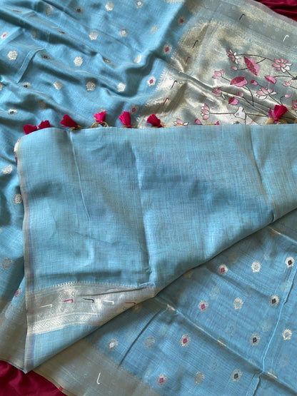 Vamika Pastel Teal 3D Woven Soft Muga Cotton Paithani Saree