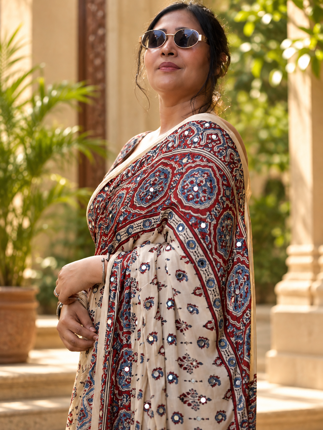 Very Beautiful Off-White Traditional Ajrakh Block-Print Gajji Silk Saree