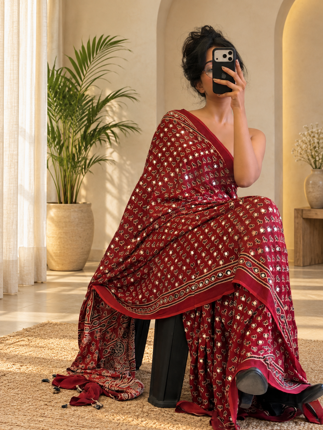 Traditional Red Pure Gajji Silk Ajrakh Saree with Handcrafted Mirror