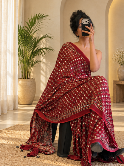 Traditional Red Pure Gajji Silk Ajrakh Saree with Handcrafted Mirror