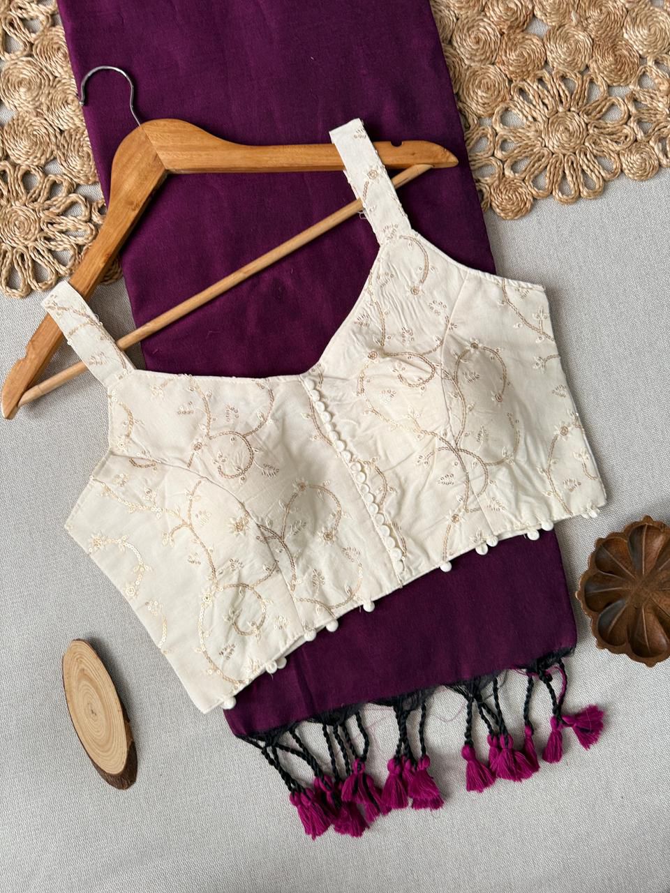 Dharma Exclusive - Wine Handloom Cotton Saree With Havy Embroidery Stitched Blouse