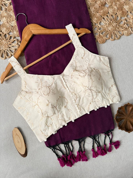 Dharma Exclusive - Wine Handloom Cotton Saree With Havy Embroidery Stitched Blouse