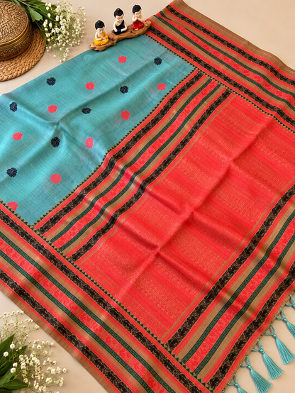 Traditional Sea Green Soft Muga Cotton Saree with Traditional Border and Tassels