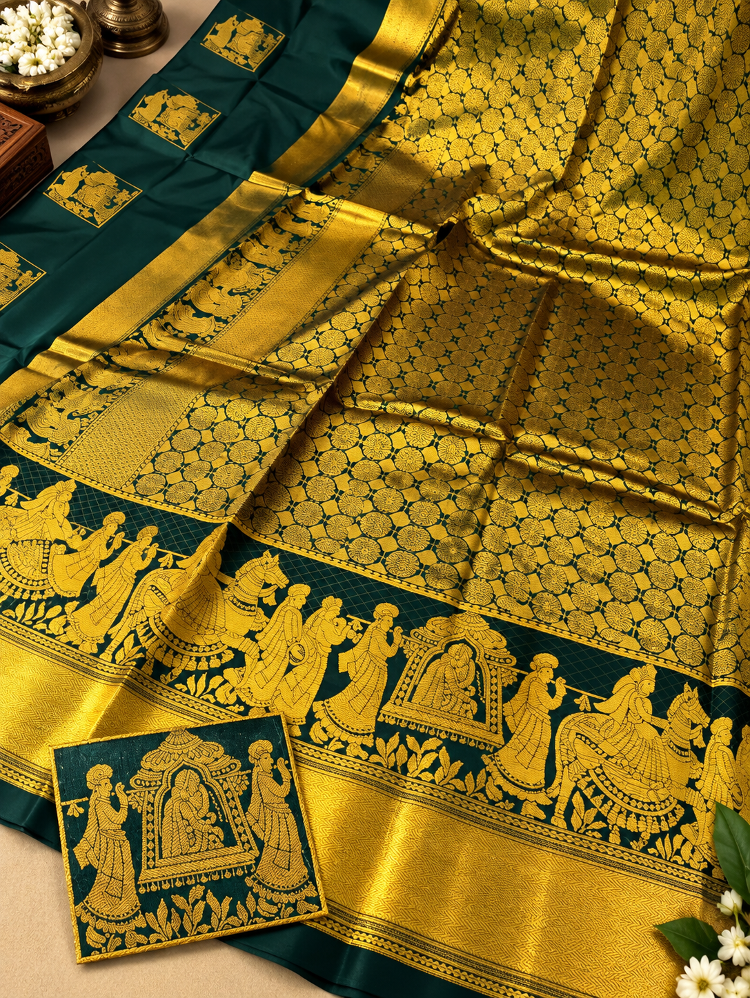 Festive Dark Green Soft Banarasi Silk Saree with With Deserving Blouse Piece
