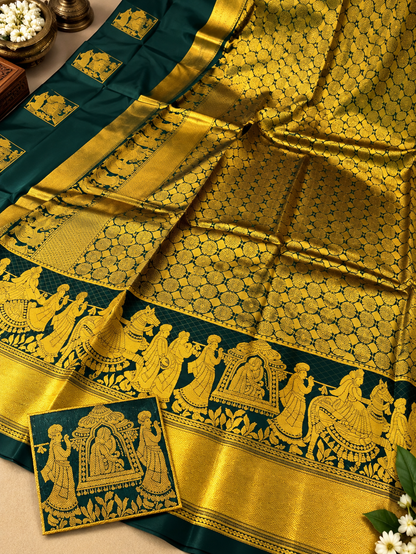 Festive Dark Green Soft Banarasi Silk Saree with With Deserving Blouse Piece