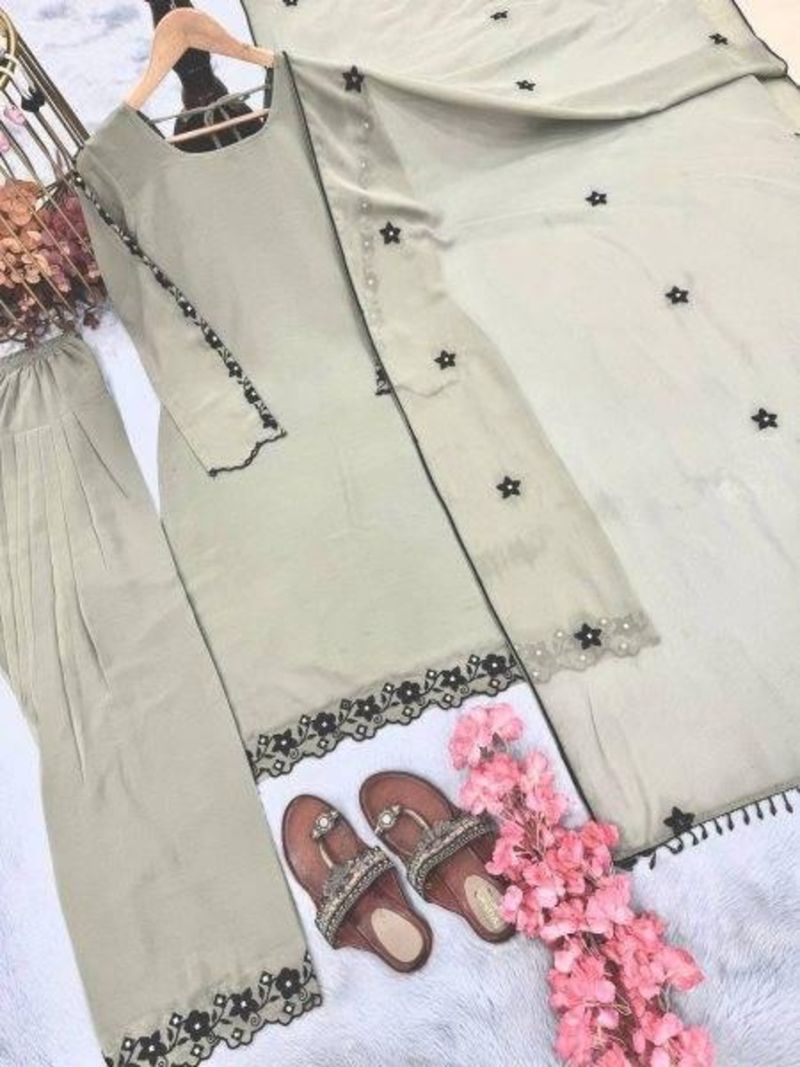 Elegant Sage Grey Faux Georgette Embroidered Suit Set with Dupatta