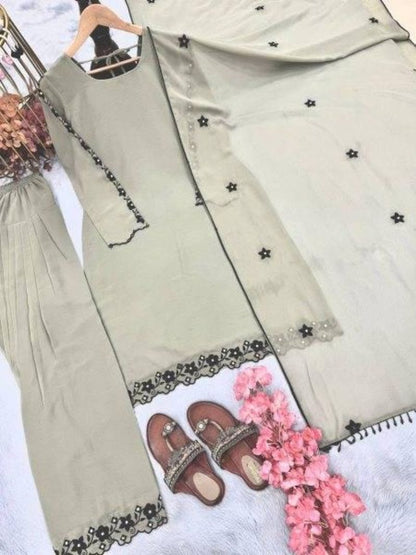 Elegant Sage Grey Faux Georgette Embroidered Suit Set with Dupatta