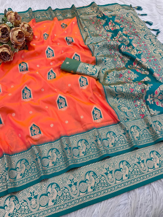 Traditional Orange Silk Saree with Teal Green Designer Border