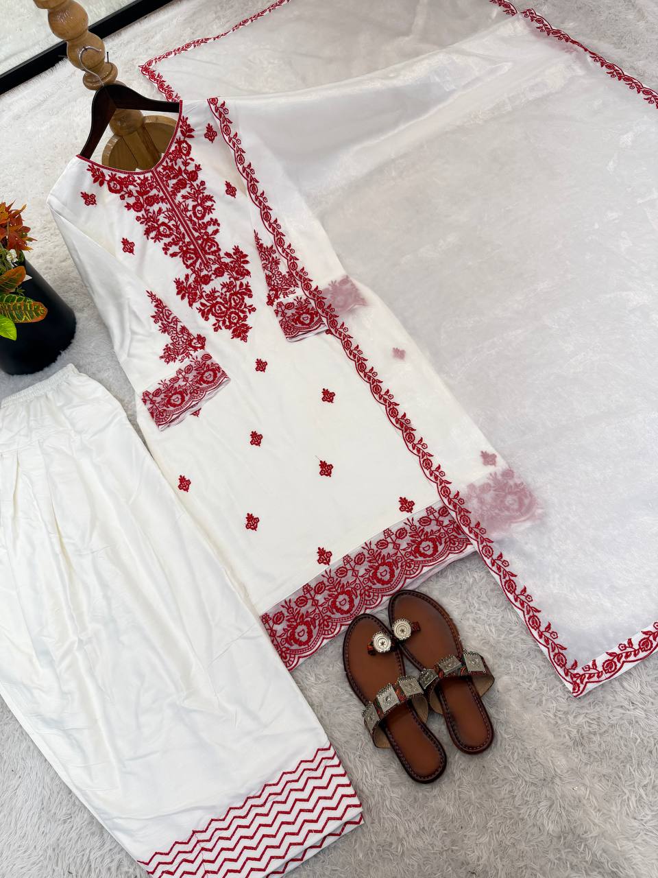 Elegant White & Red Rayon Cotton Embroidery Suit Set
