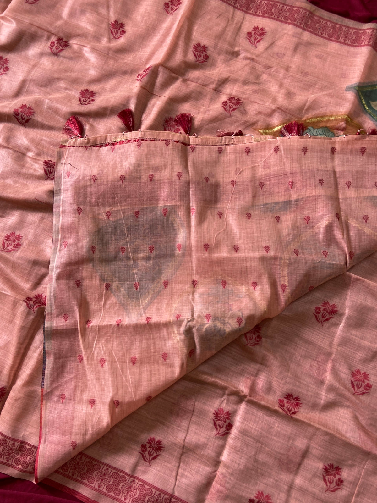Zoya Peach Bloom Muga Cotton Weaving Saree