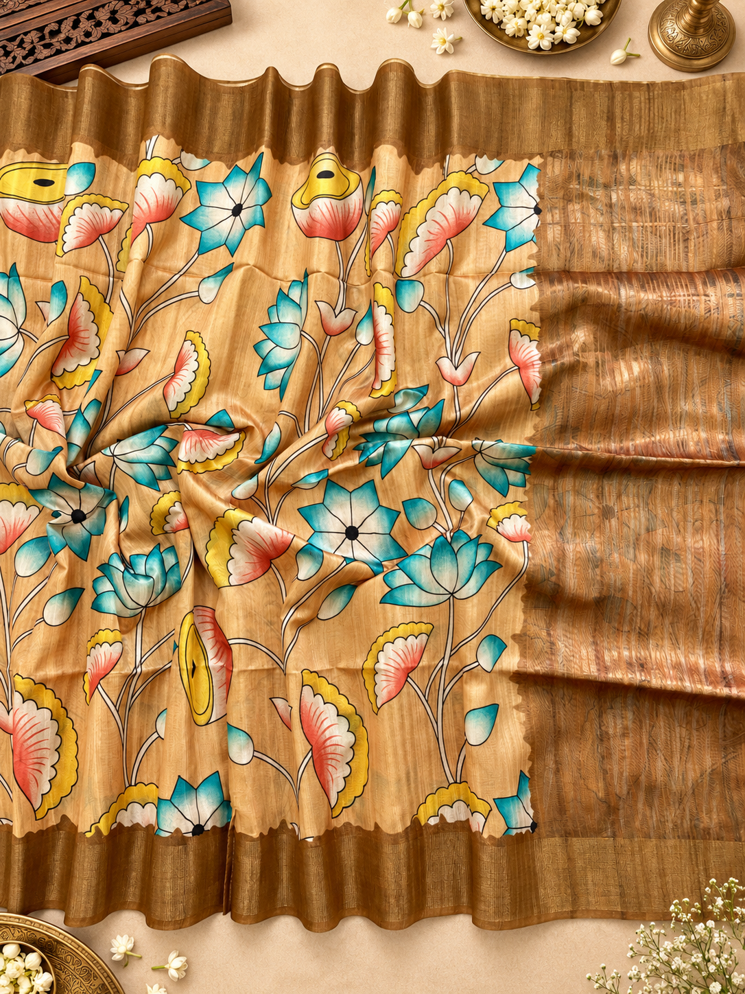 Beige Gold Soft Tussar Silk Saree with Modern Floral Print & Contrast Zari Border