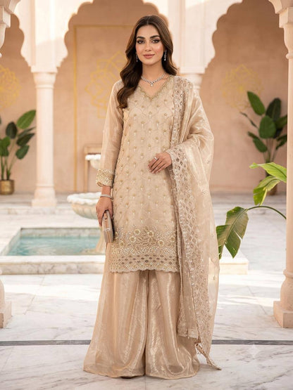 New Designer Golden Fandy Silk Embroidered Suit Set with Organza Dupatta