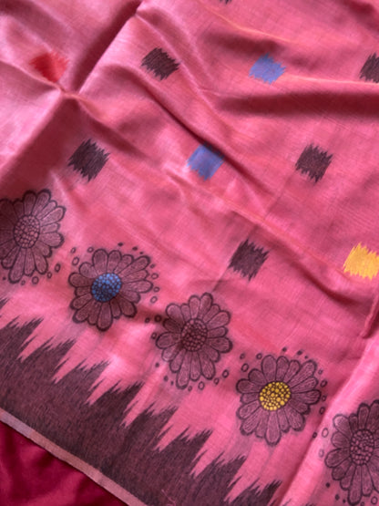 Inaya Blush Pink Floral Woven Soft Muga Cotton Saree
