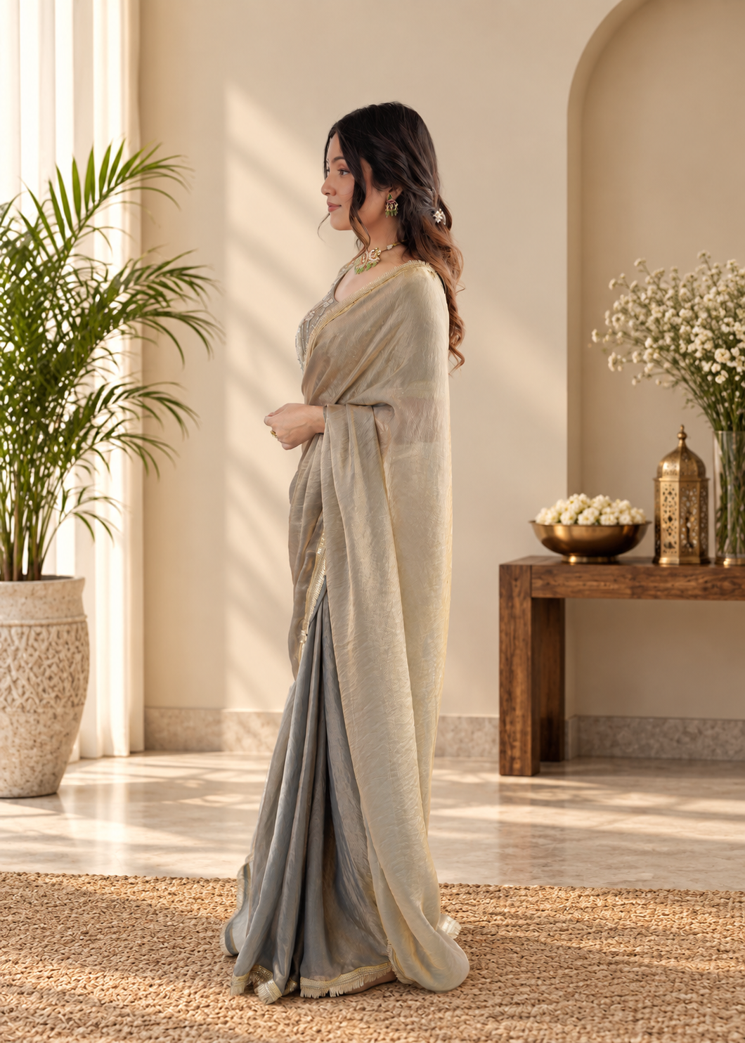 Elegant Sage Gray Fendy Silk Saree With Fancy Lace Work