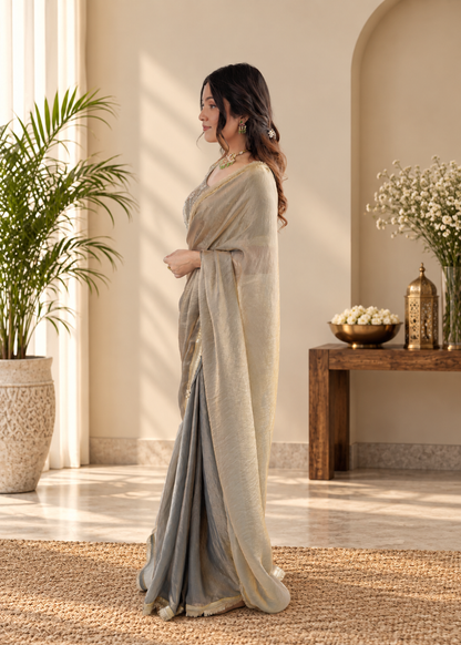 Elegant Sage Gray Fendy Silk Saree With Fancy Lace Work