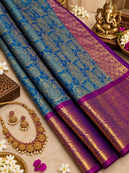 Awesome Teal Blue Pure Kanjivaram Silk Saree with Antique Gold Zari