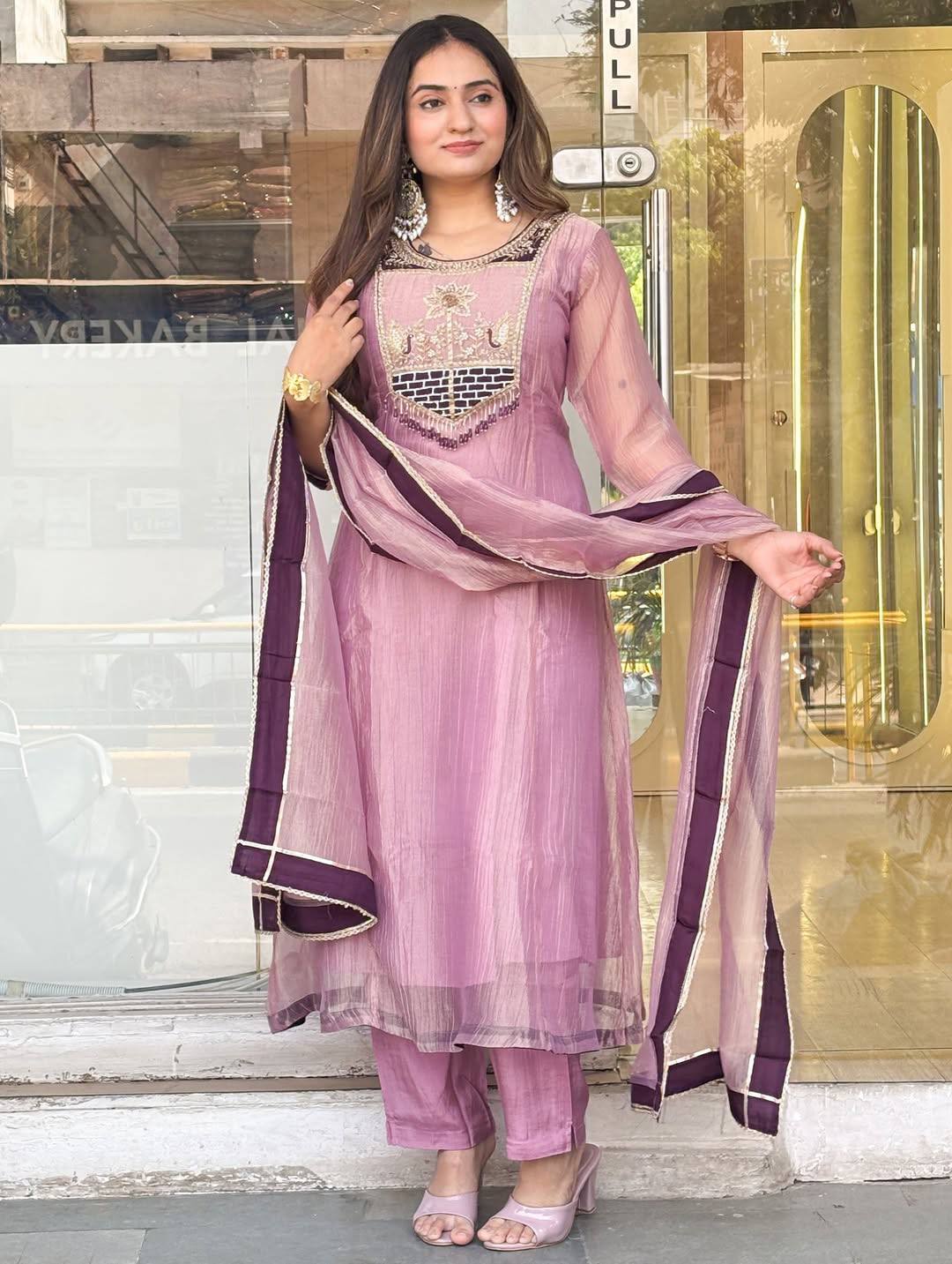 Very Beautiful Pure Salsa Silk Embroidered A-Line Anarkali Suit Set