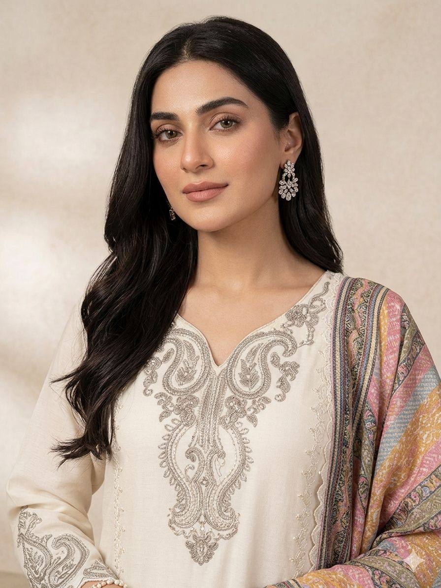 Elegant Star Georgette Embroidered Salwar Suit with Multicolor Chevron Dupatta