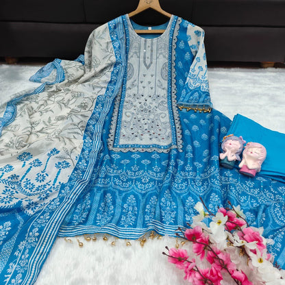 Attractive Sky Chinon Silk A-Line Suit Set with Real Mirror Hand Work