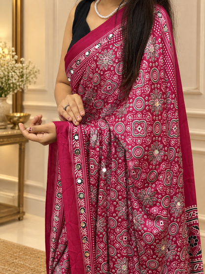 Luxury Rani Pink Ajrakh Printed Japan Silk Saree with Elegant Pallu