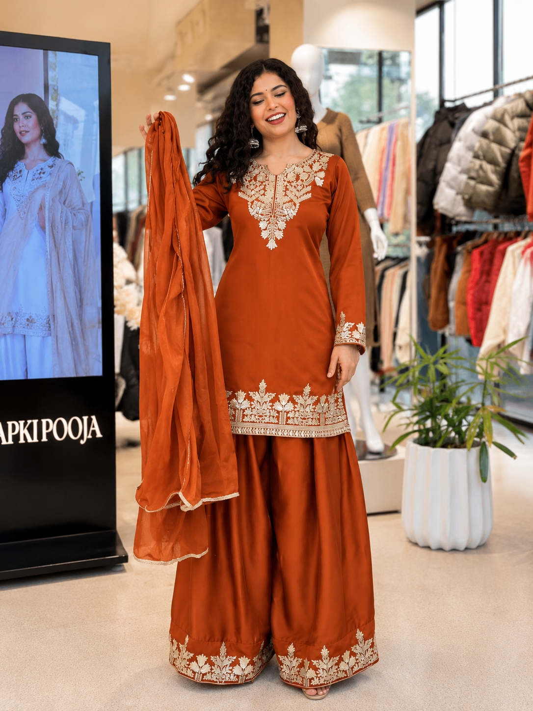 Very Attractive Orange Fandy Silk Embroidered Suit Set with Dupatta