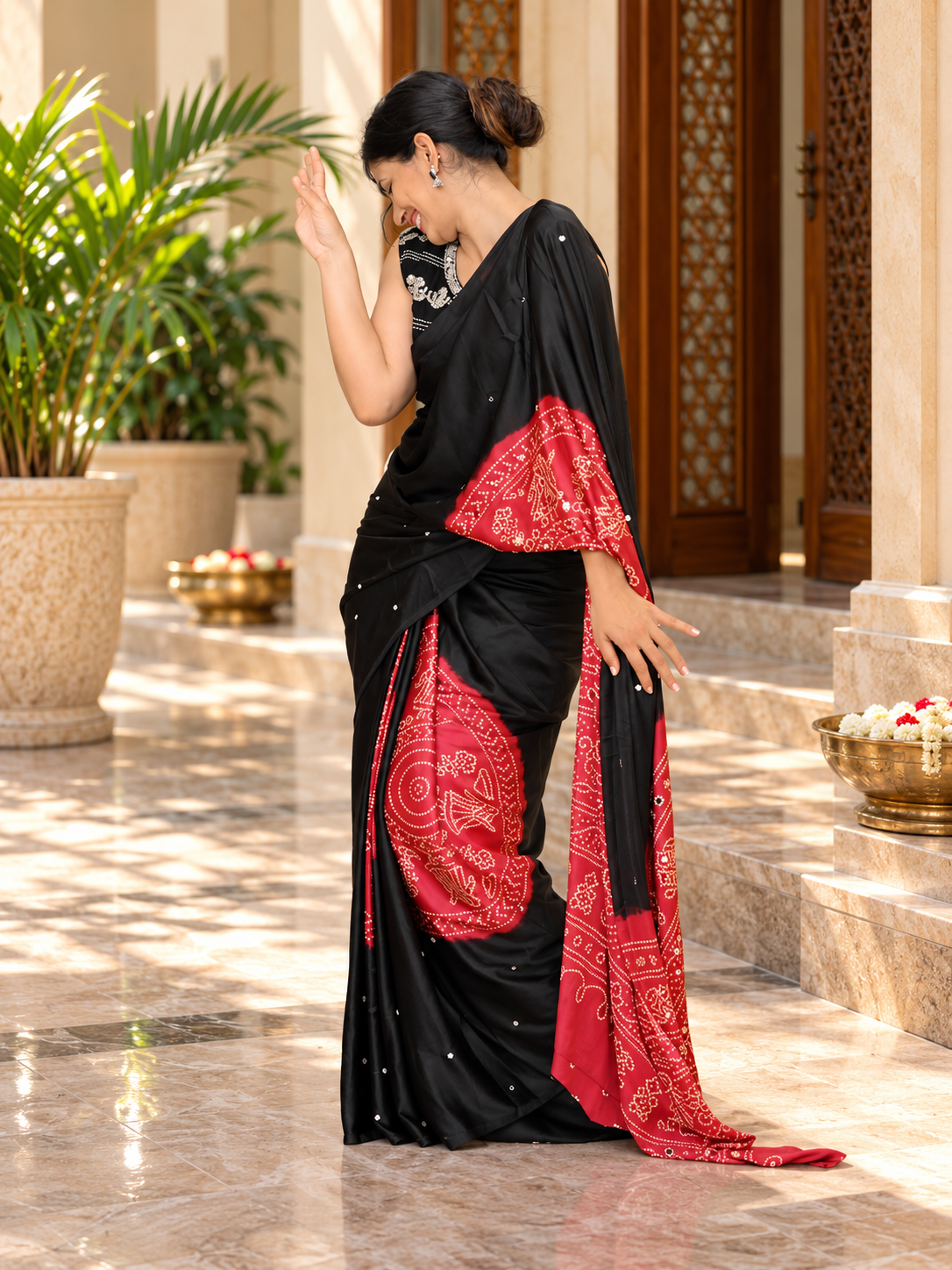 Attractive Black & Red Pure Gajji Silk Saree with Real Mirror Work