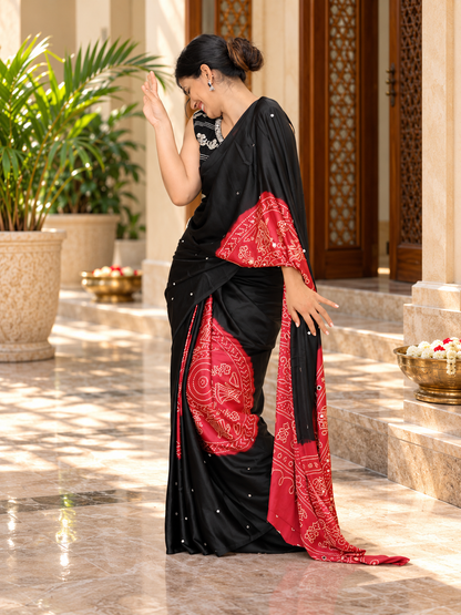 Attractive Black & Red Pure Gajji Silk Saree with Real Mirror Work